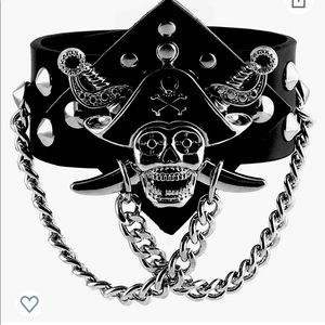 Gothic black leather pirate cuff bracelet set of 2, skulls and spikes